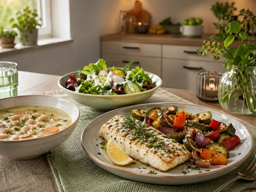 Abendessen zum Abnehmen mit Ofengemüse Fisch und leichter Gemüsecremesuppe