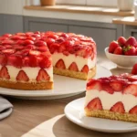 Serviertes Stück Erdbeerkuchen ohne Gelatine schnittfest und frisch