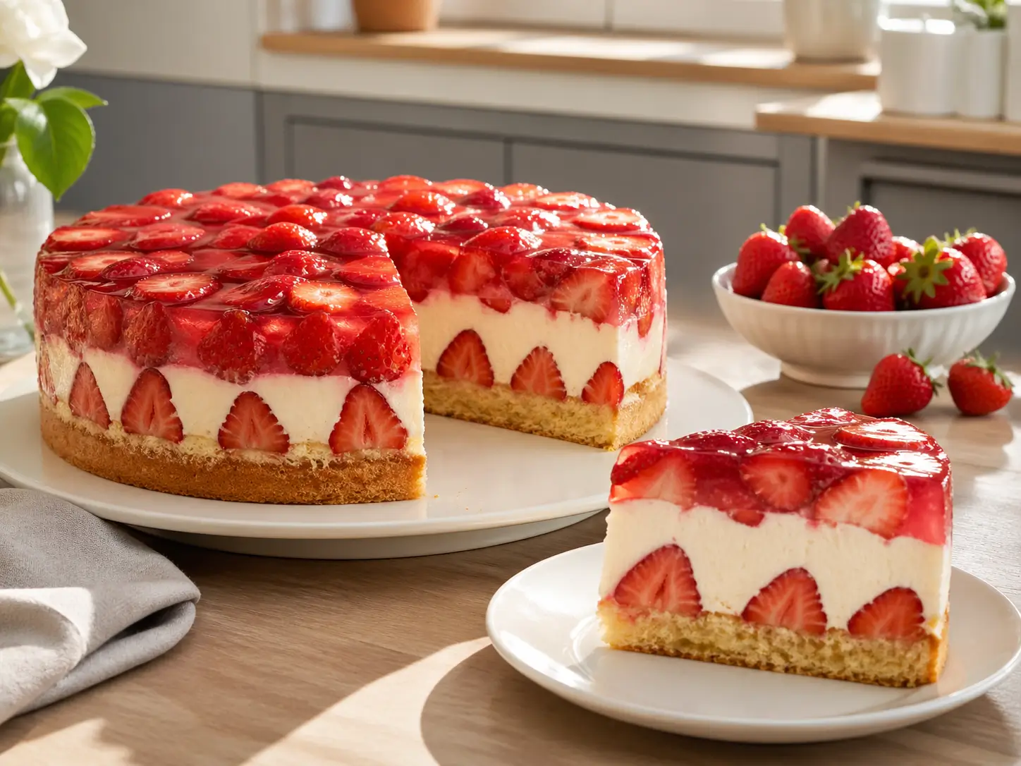 Serviertes Stück Erdbeerkuchen ohne Gelatine schnittfest und frisch