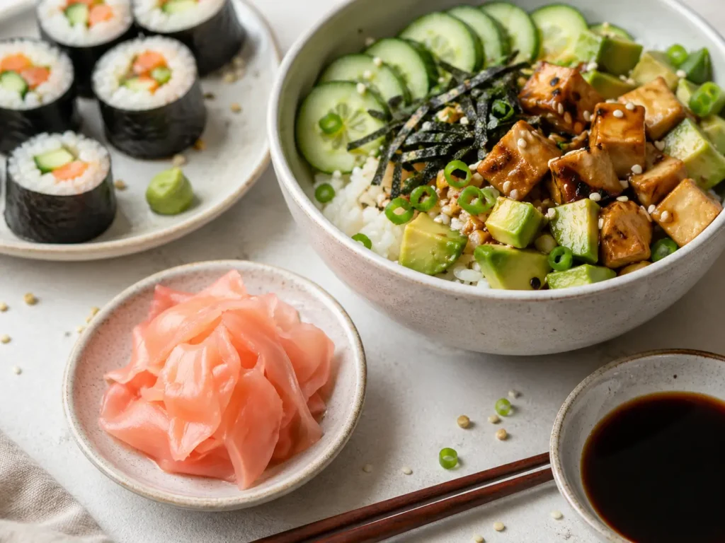 Gari Ingwer serviert zu Sushi Bowl und asiatischen Gerichten
