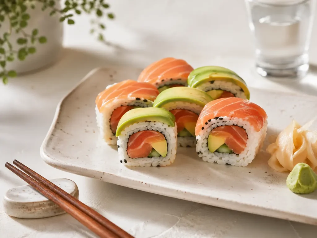 Gari Ingwer serviert mit Sushi und Reis Bowl als Beilage
