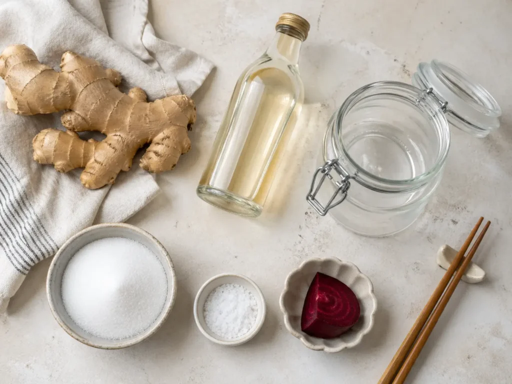 Zutaten für Gari Ingwer mit frischem Ingwer Reisessig Zucker und Salz