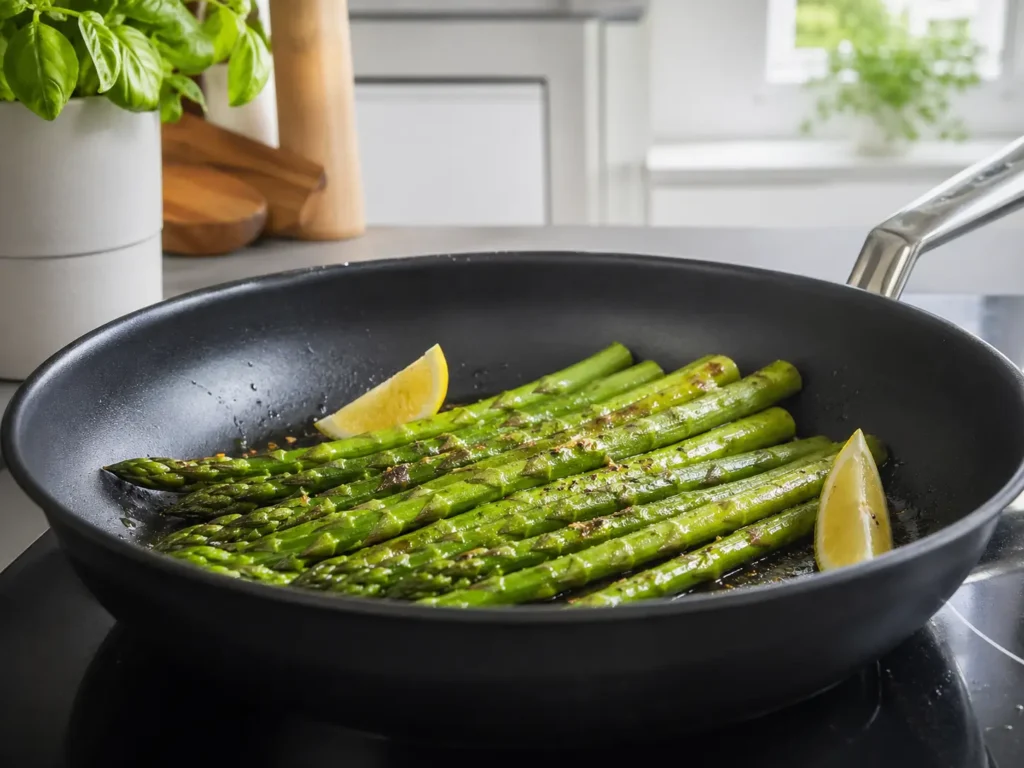 Grüner Spargel Rezept aus der Pfanne mit Zitrone und Pfeffer