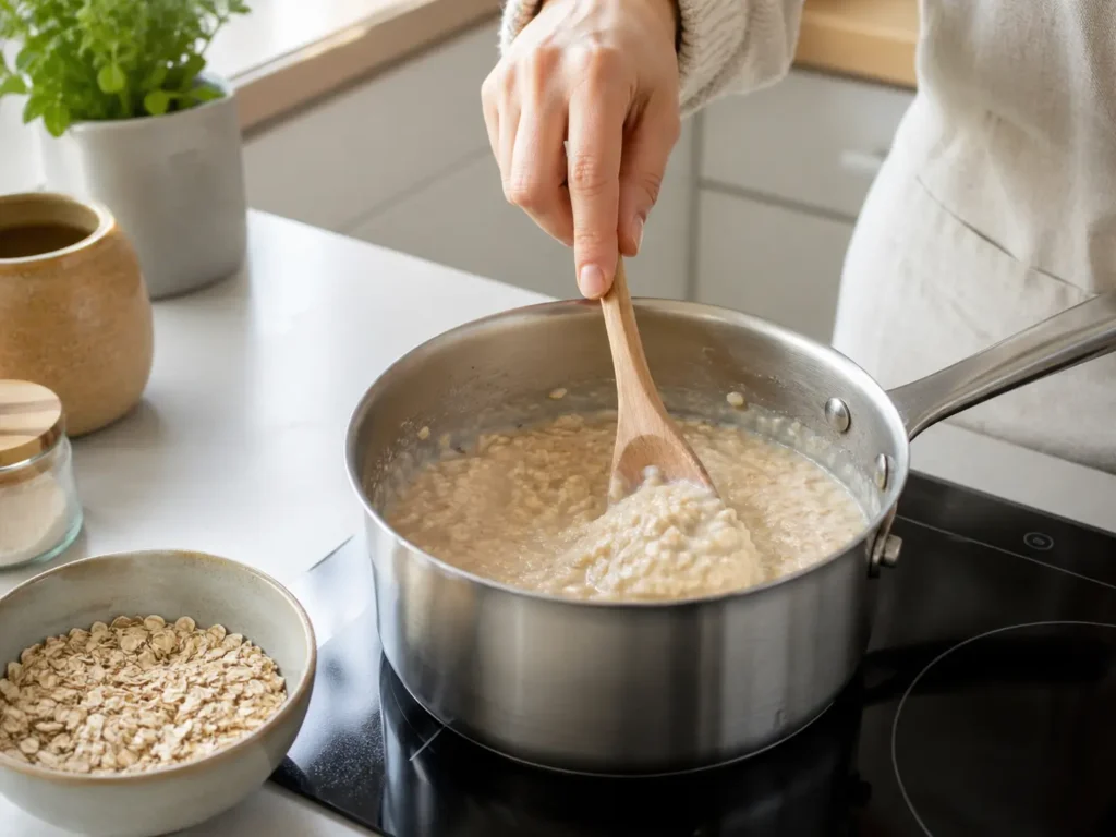 Haferflocken Porridge wird im Topf gekocht gesunde Zubereitung