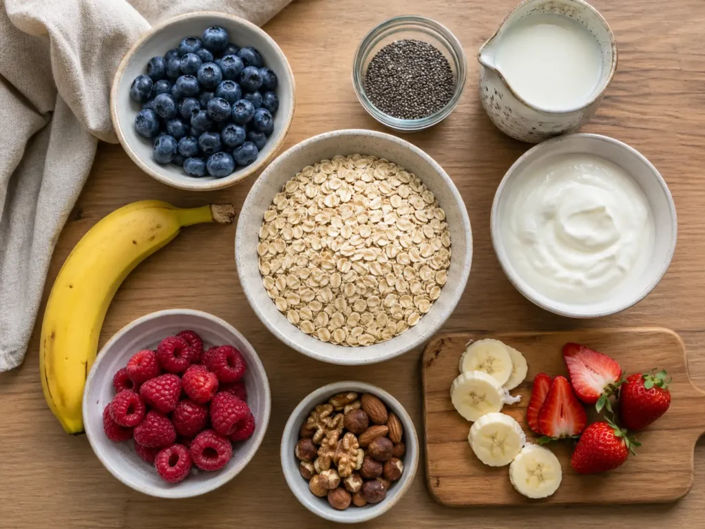 Haferflocken Zutaten für gesundes Frühstück mit Obst und Joghurt