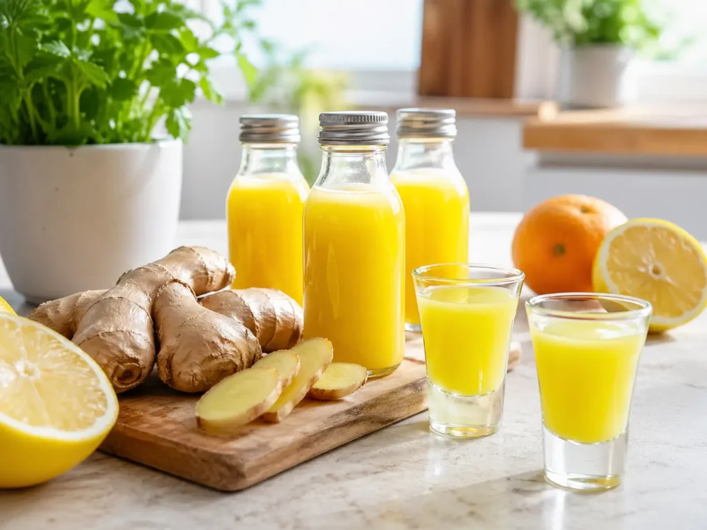 Selbst gemachter Ingwer Shot in kleinem Glas auf Frühstückstisch