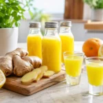 Selbst gemachter Ingwer Shot in kleinem Glas auf Frühstückstisch