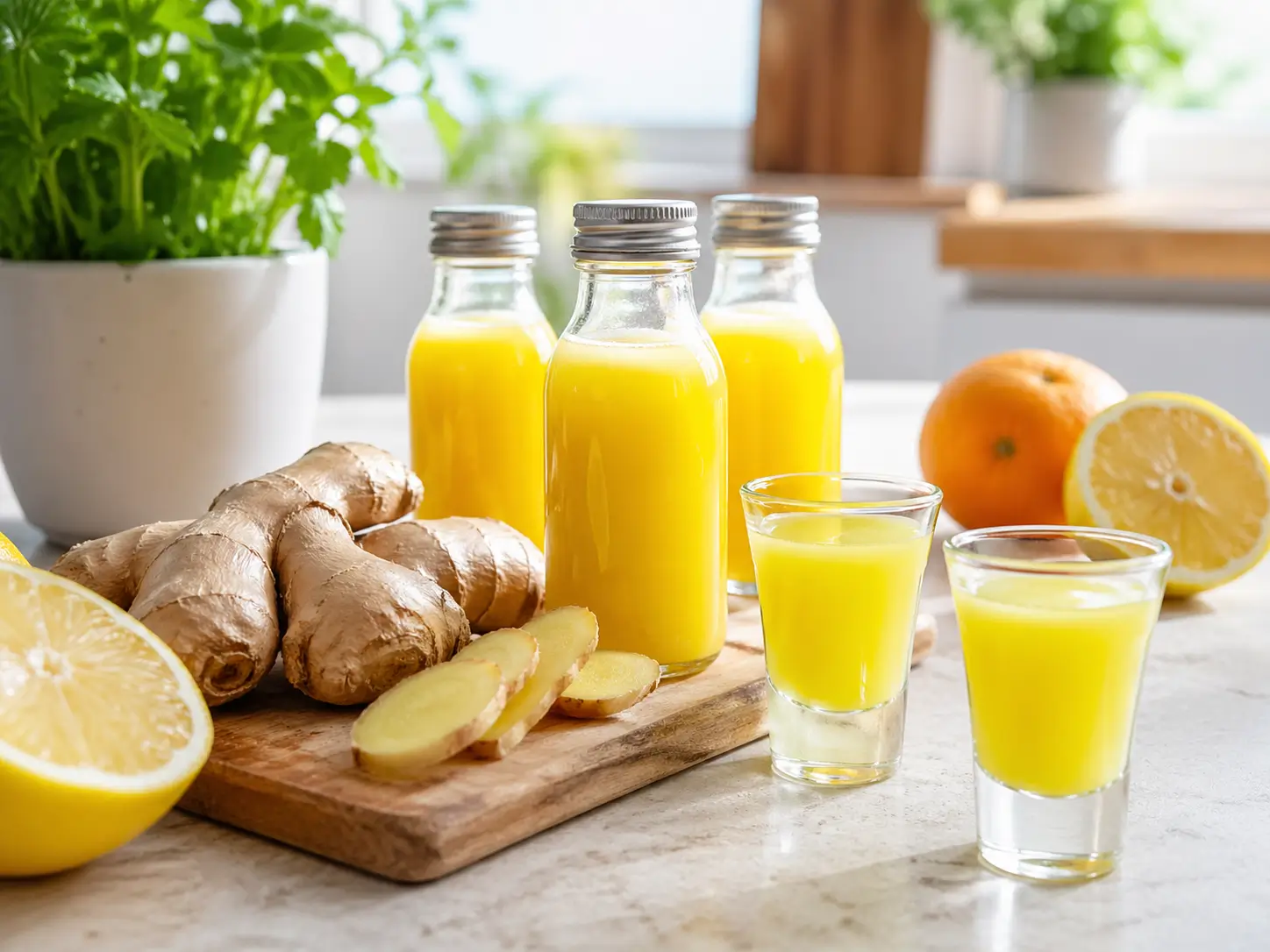 Selbst gemachter Ingwer Shot in kleinem Glas auf Frühstückstisch