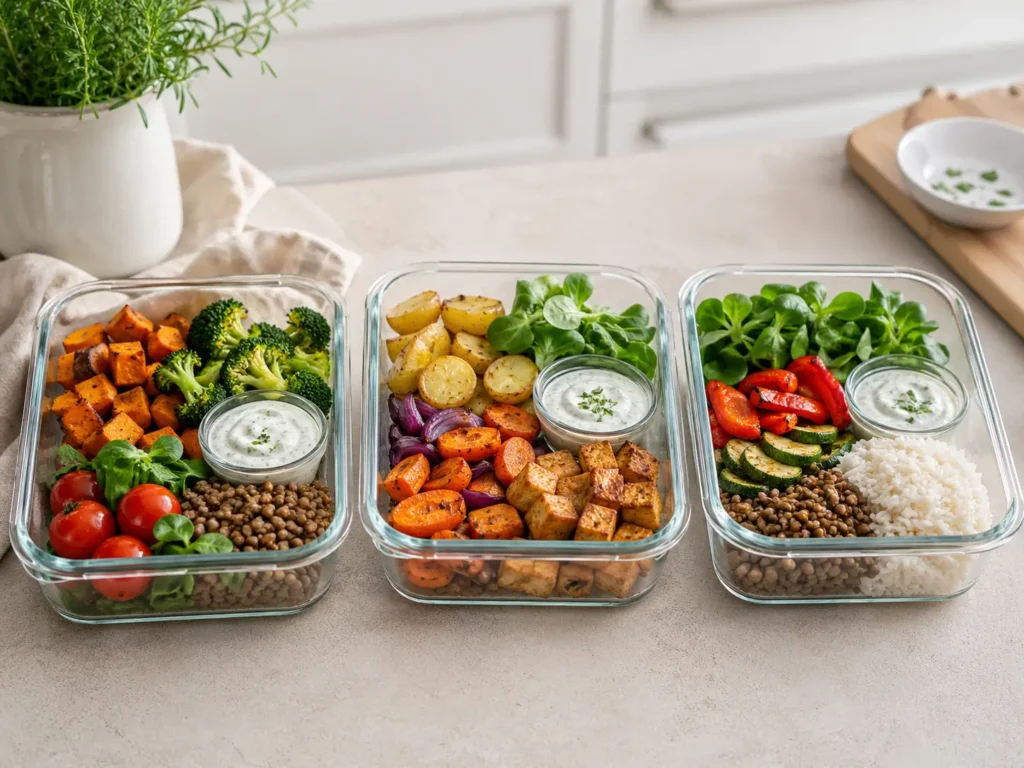 Meal Prep zum gesund Abnehmen mit Gemüse Reis Eiweiß und Joghurt Dip