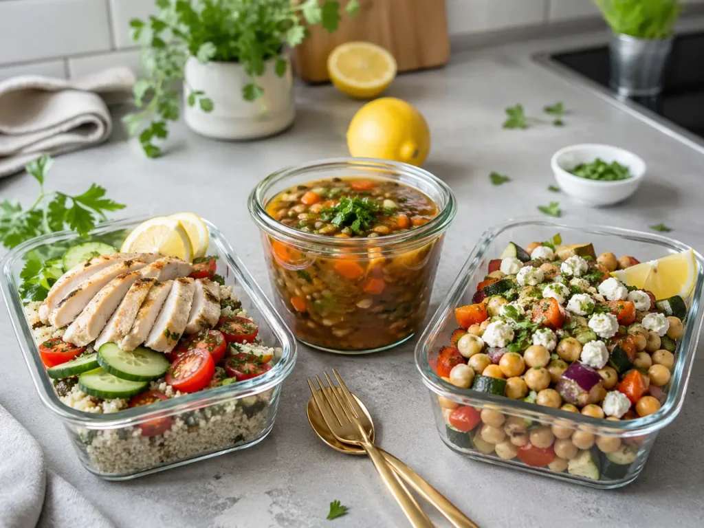 Leichtes Mittagessen zum Abnehmen mit Meal Prep Bowls Gemüse und Eiweiß