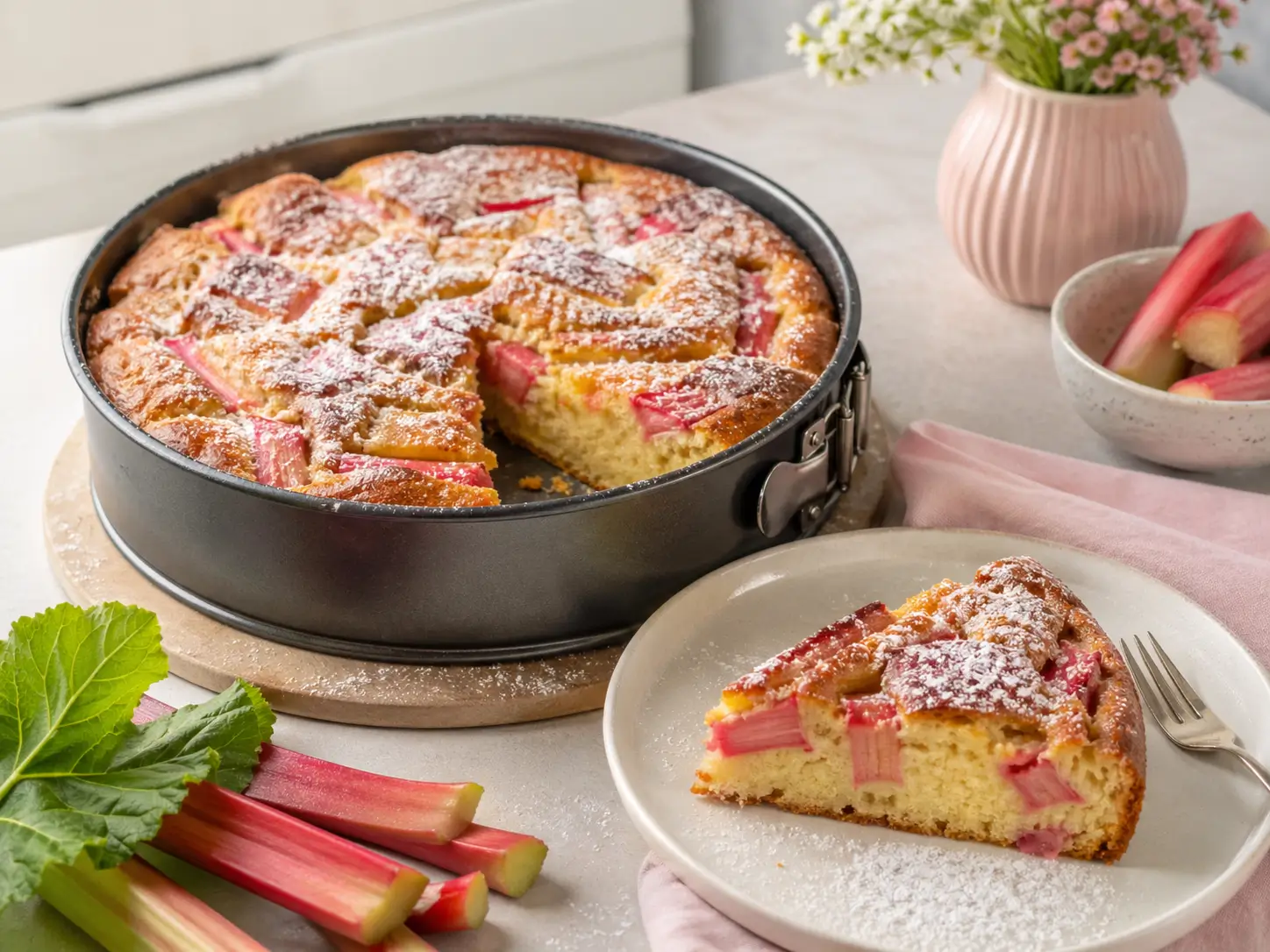 Rhabarberkuchen Rezept saftiger Frühlingskuchen mit frischem Rhabarber