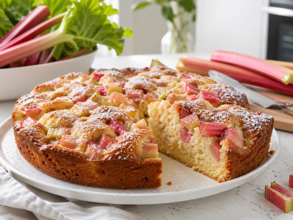 Rhabarberkuchen serviert mit Puderzucker und Kaffee