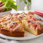 Rhabarberkuchen serviert mit Puderzucker und Kaffee