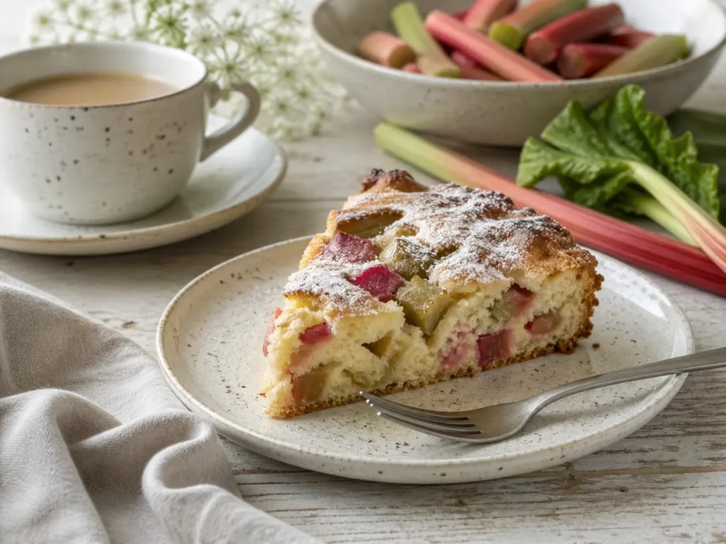Rhabarberkuchen Stück mit Puderzucker serviert mit Kaffee im Frühling