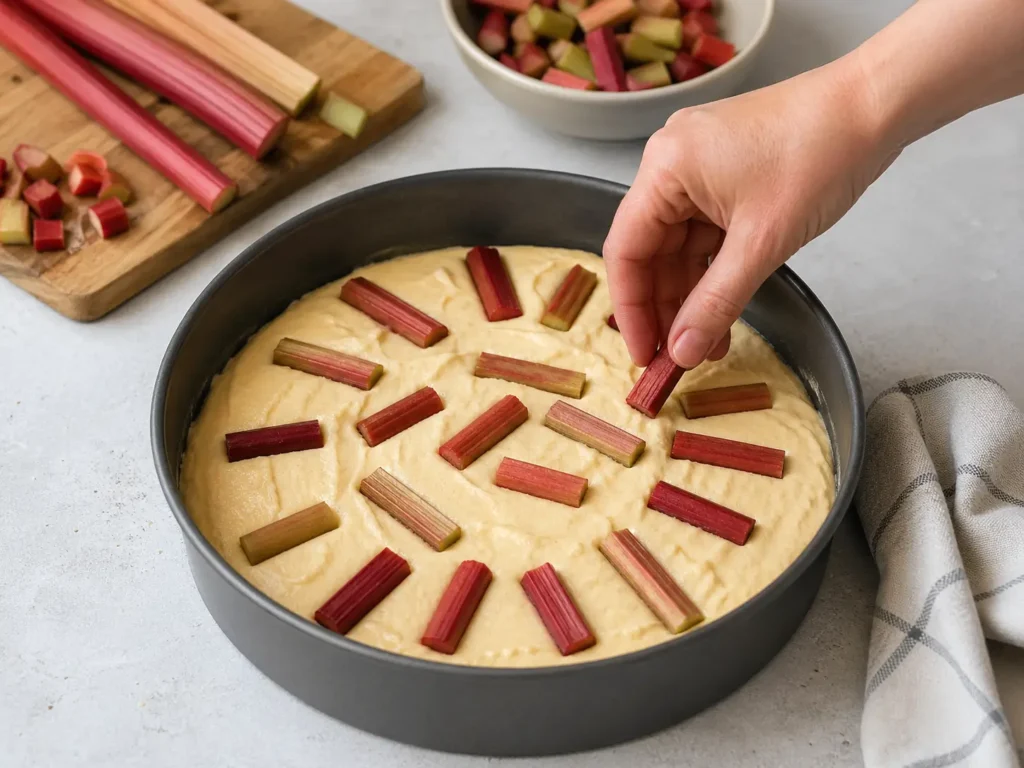 Rhabarberstücke werden auf Kuchenteig in Backform verteilt vor dem Backen