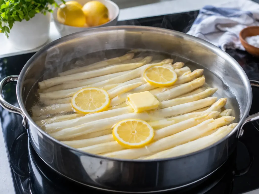 Weißen Spargel kochen im Topf mit Salz Zucker Butter und Zitrone