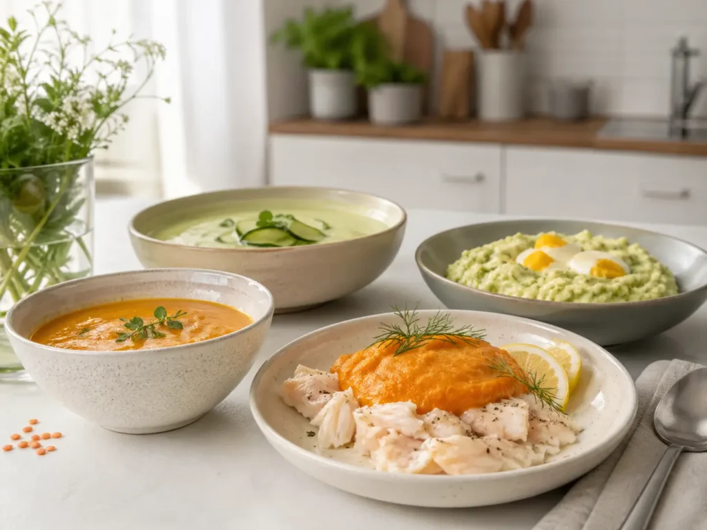 Weiche bariatrische Mahlzeiten mit Linsensuppe Fisch und Gemüsepüree