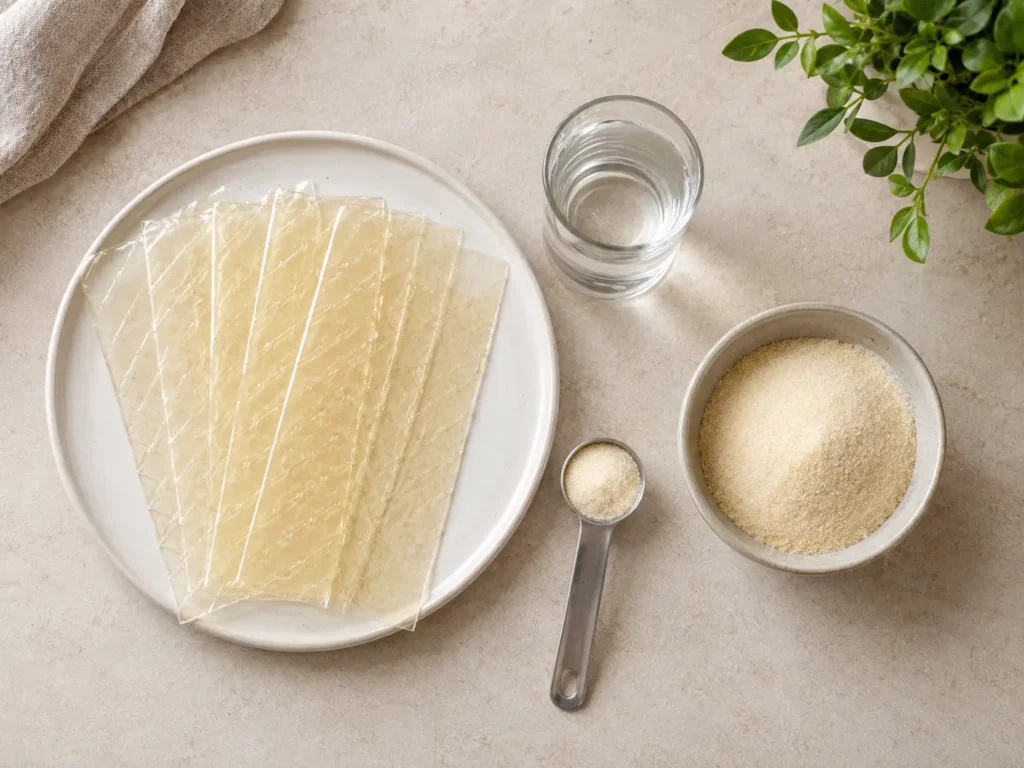 6 Blatt Gelatine entsprechen ungefähr einem Päckchen Gelatine Pulver