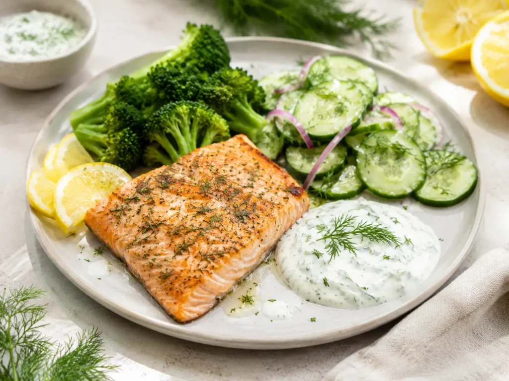 Abendessen ohne Kohlenhydrate mit Lachs, Brokkoli und Zitronen-Joghurt-Sauce