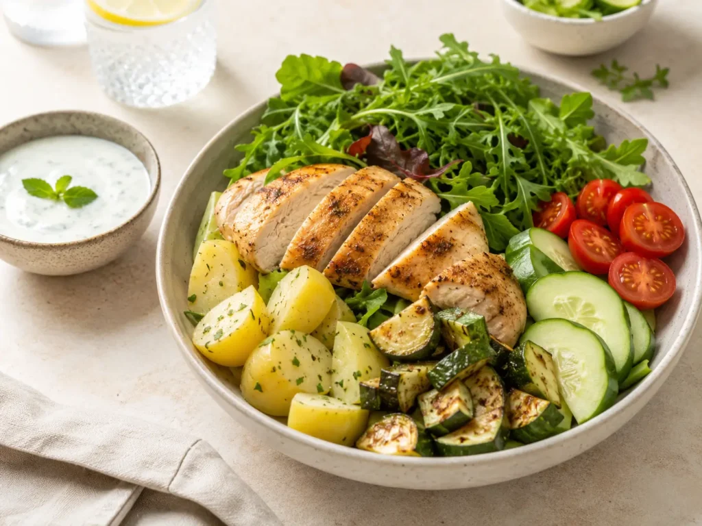 Abendessen zum Abnehmen mit Gemüse, Hähnchen, Kartoffeln und leichtem Joghurtdressing