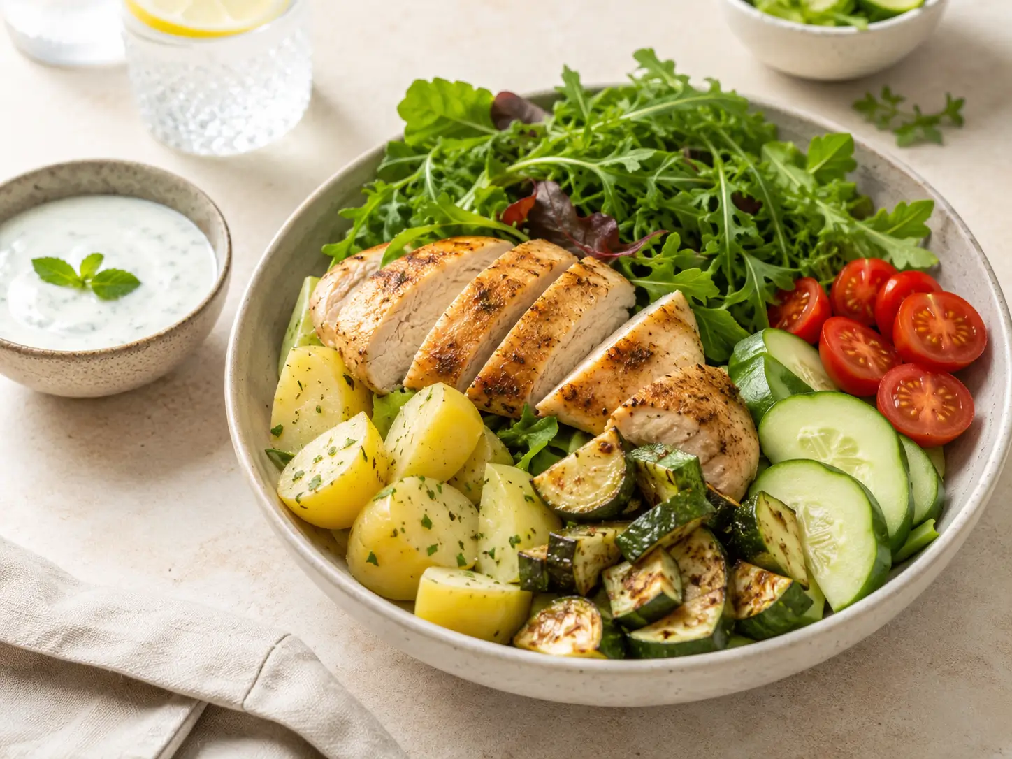 Abendessen zum Abnehmen mit Gemüse, Hähnchen, Kartoffeln und leichtem Joghurtdressing