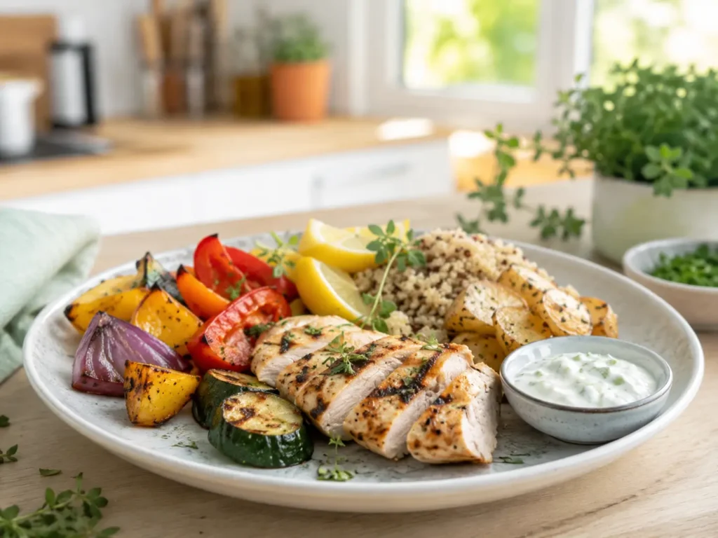 Abendessen zum Abnehmen mit Gemüse, Eiweiß und leichter Beilage