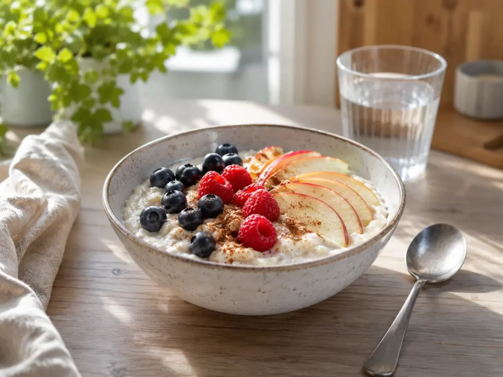 Abnehmen mit Haferflocken: cremige Haferflocken-Bowl mit Skyr, Beeren, Apfel und Zimt