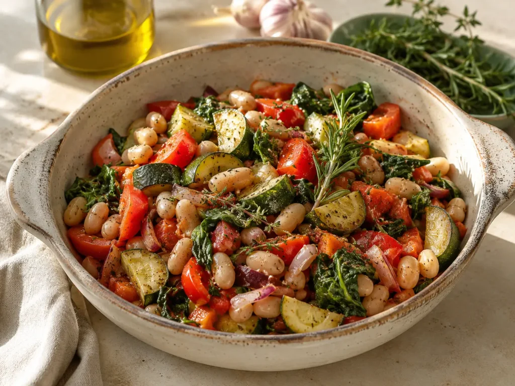 Antientzündliche Abendessen Rezepte mit Gemüsepfanne, weißen Bohnen, Tomaten und Kräutern