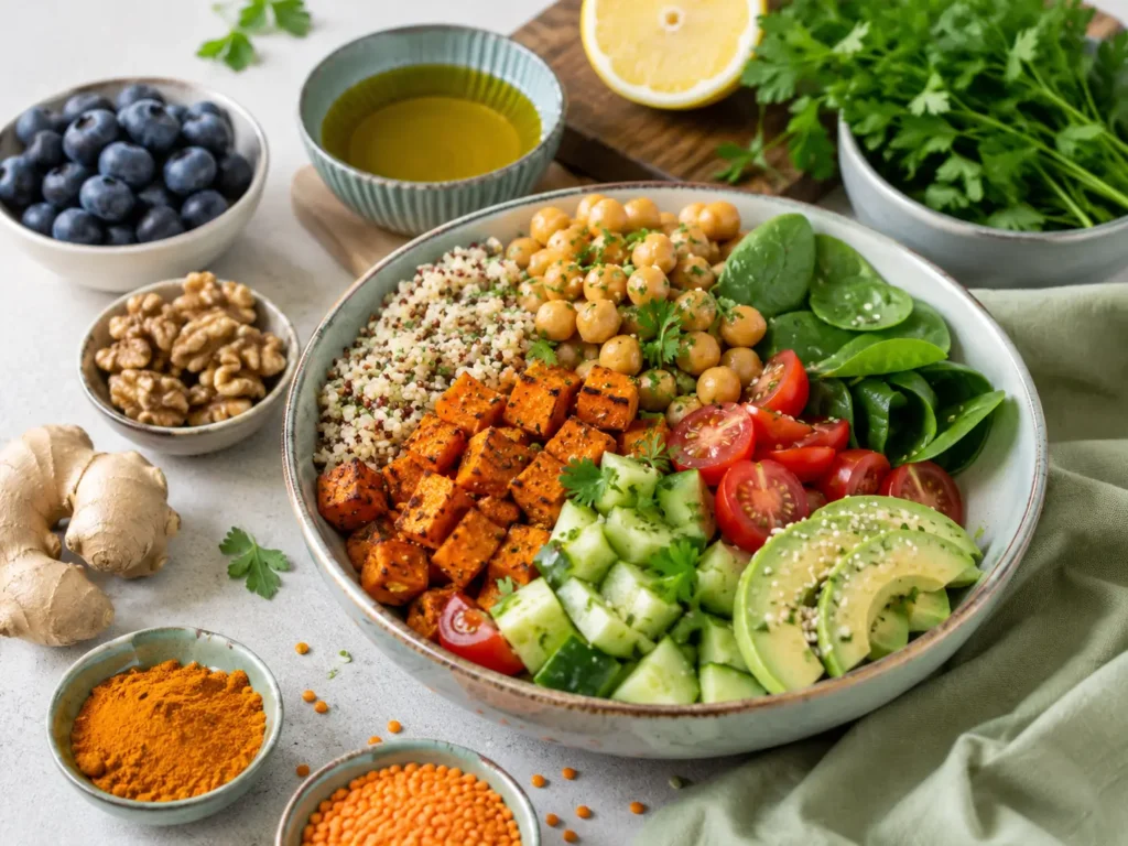 Antientzündliche Ernährung Rezepte mit Gemüse, Linsen, Beeren, Kräutern und Olivenöl