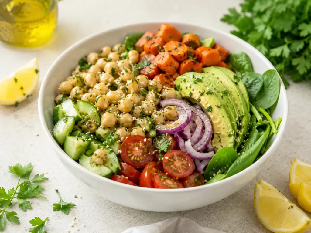 Antientzündliche Ernährung Rezepte mit Kichererbsensalat, Gemüse, Kräutern und Zitronen-Dressing