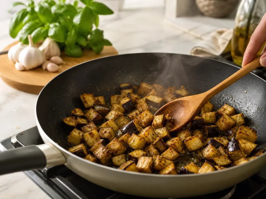 Auberginen für Pasta alla Norma goldbraun in Olivenöl braten