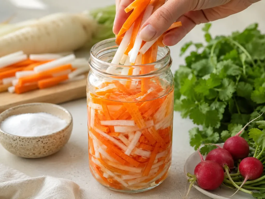 Eingelegtes Gemüse für Banh Mi mit Karotten und Rettich im Glas
