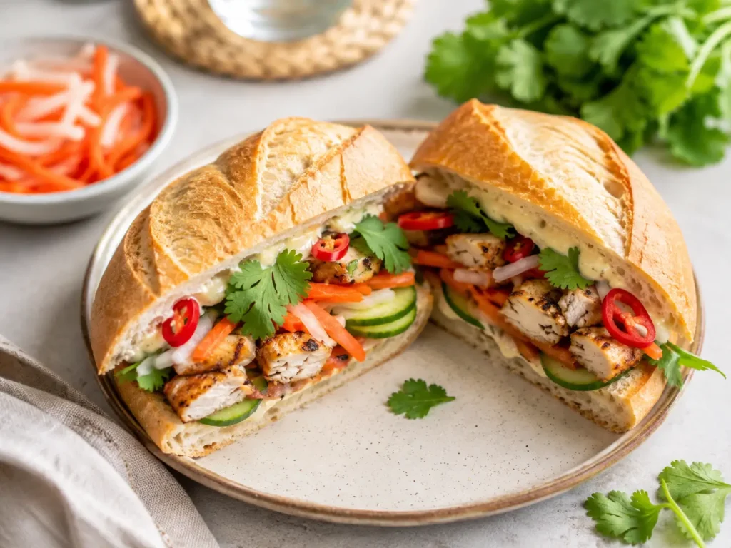 Banh Mi Sandwich mit eingelegtem Gemüse, Gurke, Koriander und würziger Füllung