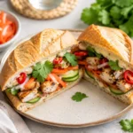 Banh Mi Sandwich mit eingelegtem Gemüse, Gurke, Koriander und würziger Füllung