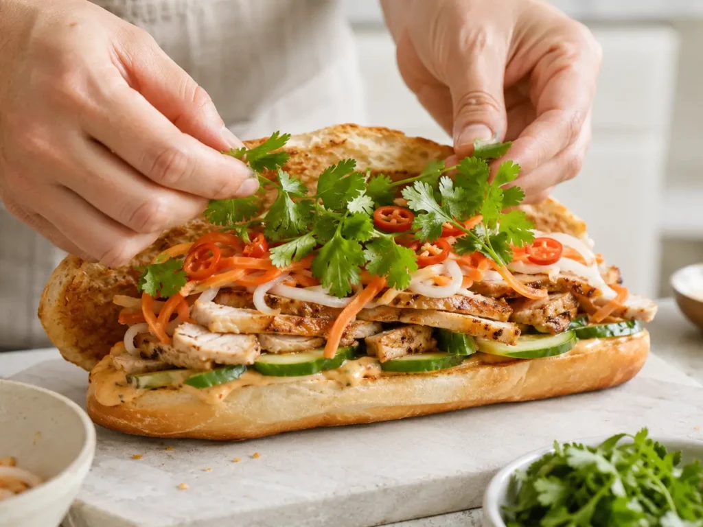 Banh Mi belegen mit Sauce, Gurke, Hähnchen, eingelegtem Gemüse und Koriander