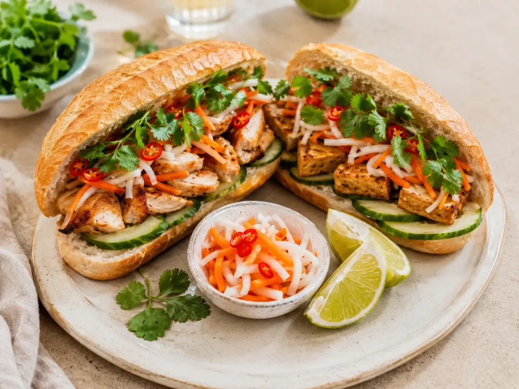 Banh Mi Varianten mit Hähnchen und Tofu, eingelegtem Gemüse und frischen Kräutern