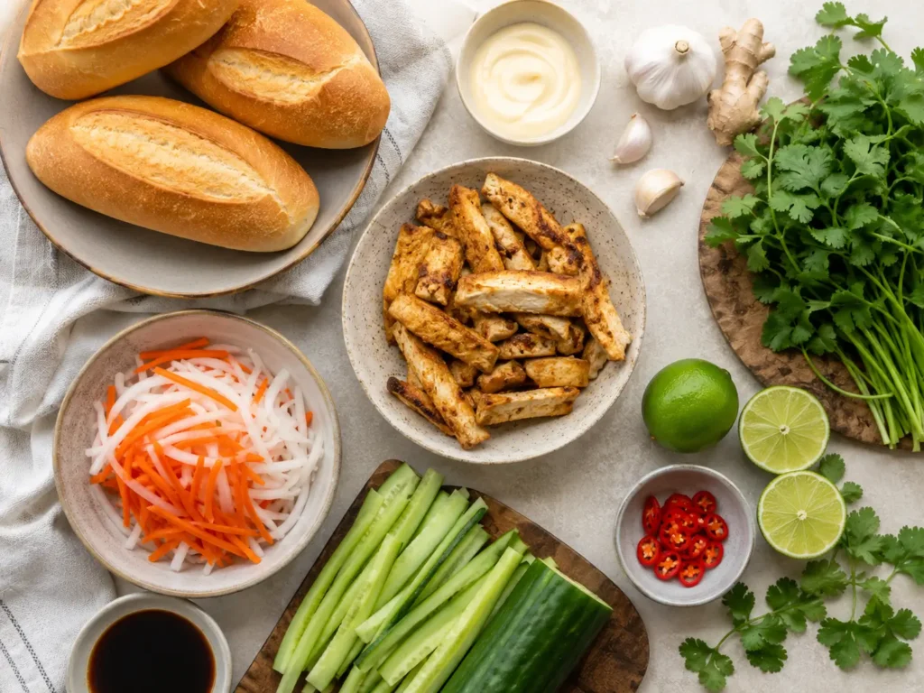 Zutaten für Banh Mi mit Baguette, Karotten, Gurke, Koriander und würziger Füllung