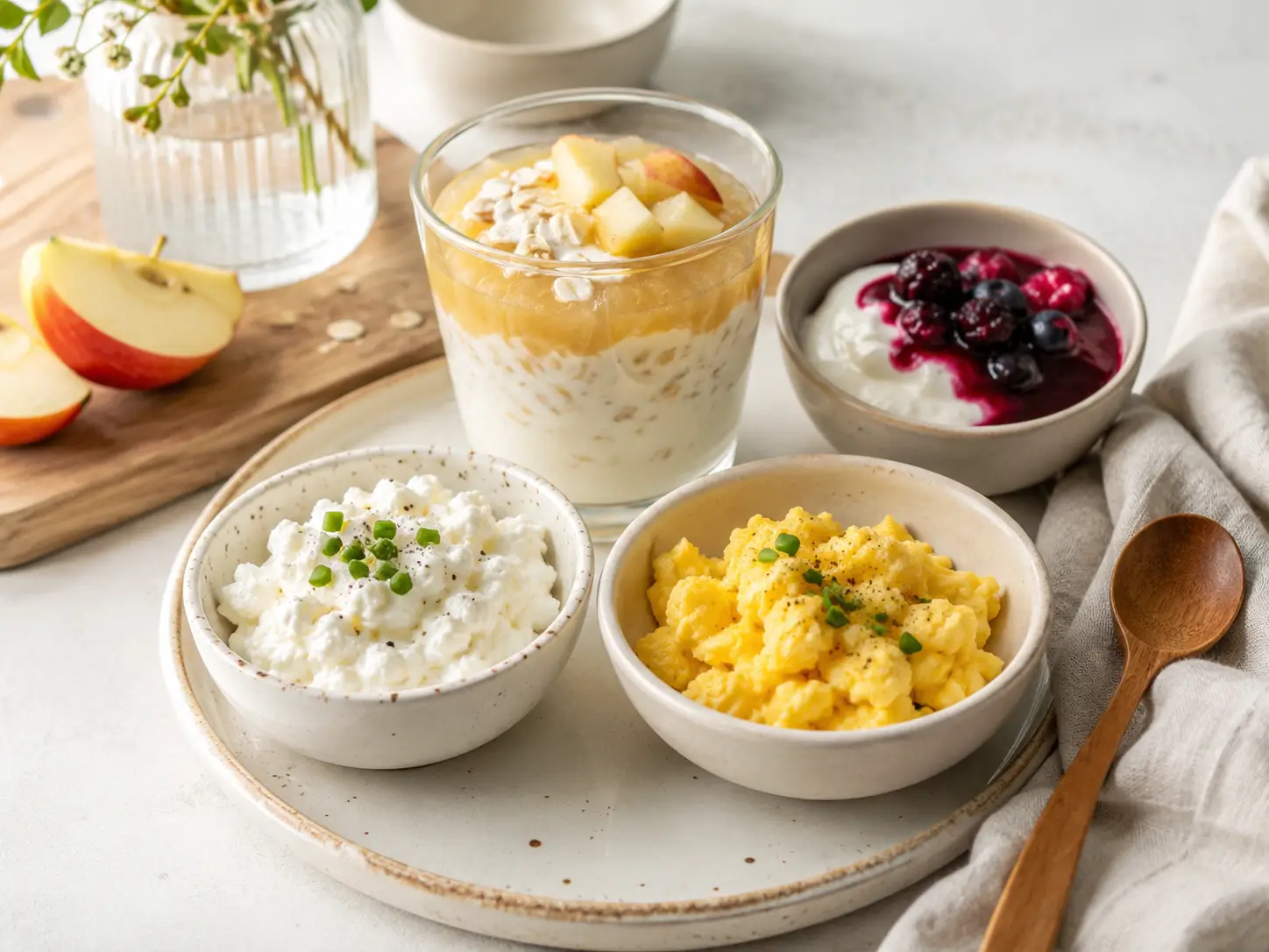 Bariatrische Frühstücksideen mit kleinen eiweißreichen Portionen aus Skyr, Quark, Ei und Haferflocken