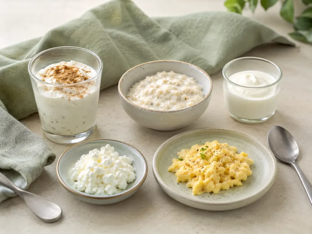 Bariatrische Frühstücksideen mit kleinen proteinreichen Portionen aus Skyr, Porridge, Ei und Hüttenkäse