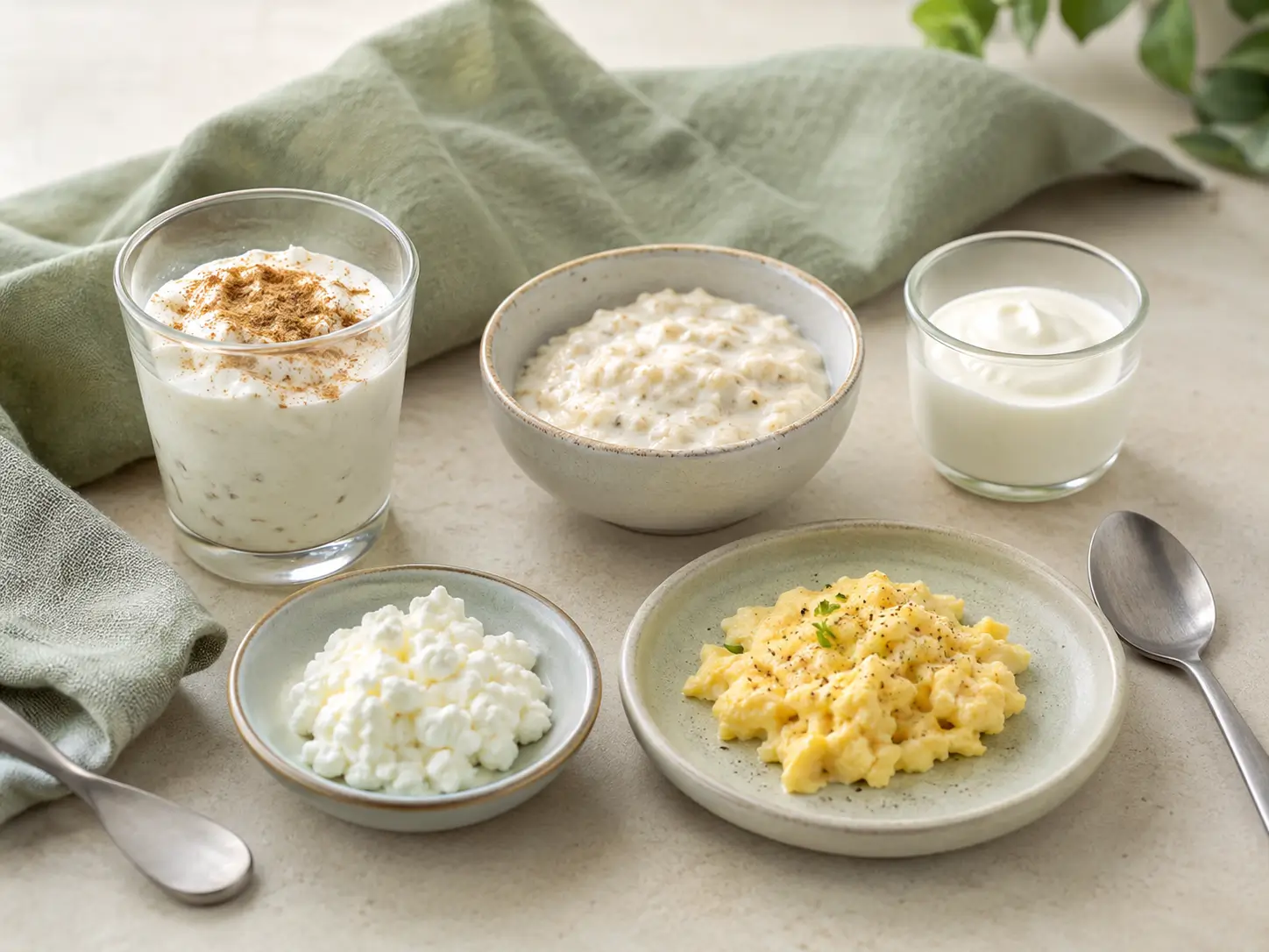 Bariatrische Frühstücksideen mit kleinen proteinreichen Portionen aus Skyr, Porridge, Ei und Hüttenkäse