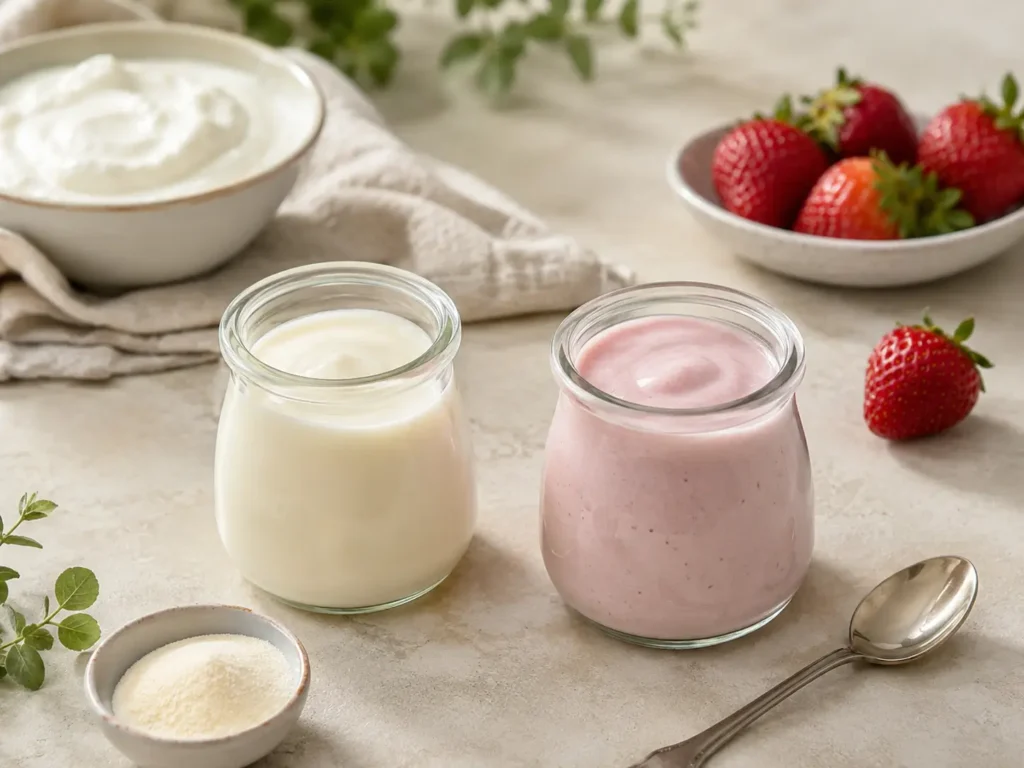 Bariatrische Gelatine Rezept mit weicher Joghurtcreme in kleinen Gläsern