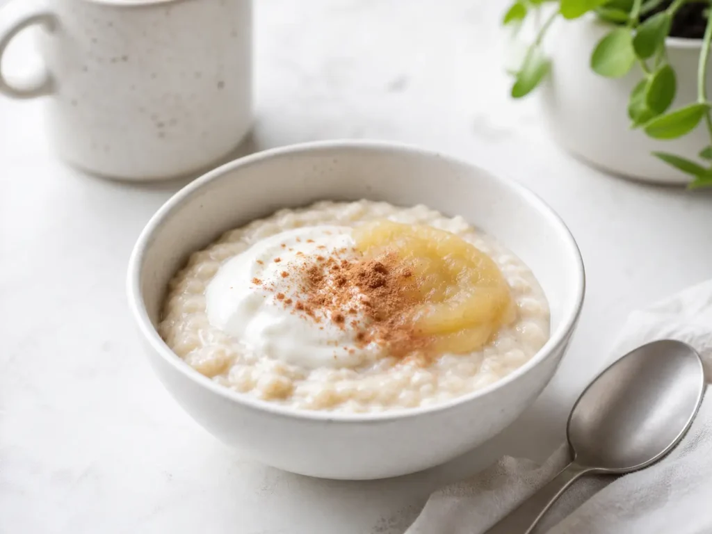 Bariatrische Haferflocken cremig zubereitet mit Skyr Apfelmus und Zimt in kleiner Portion