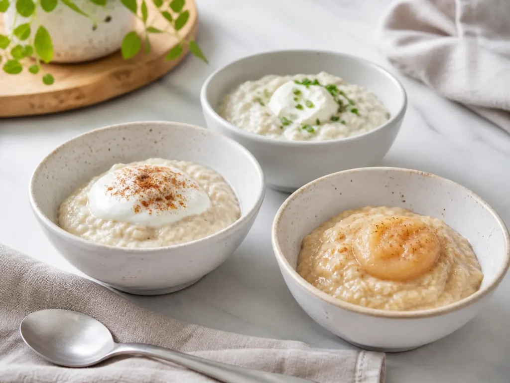 Drei bariatrische Haferflocken Rezept Varianten mit Skyr Apfel Zimt und milder herzhafter Version