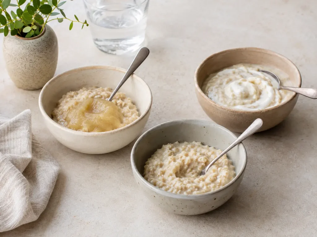 Drei kleine Varianten für bariatrische Haferflocken mit Apfelmus und Joghurt