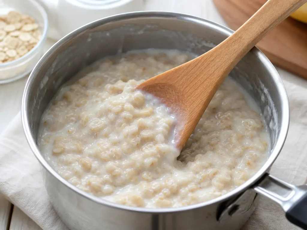 Bariatrische Haferflocken werden in einem kleinen Topf cremig weich gekocht