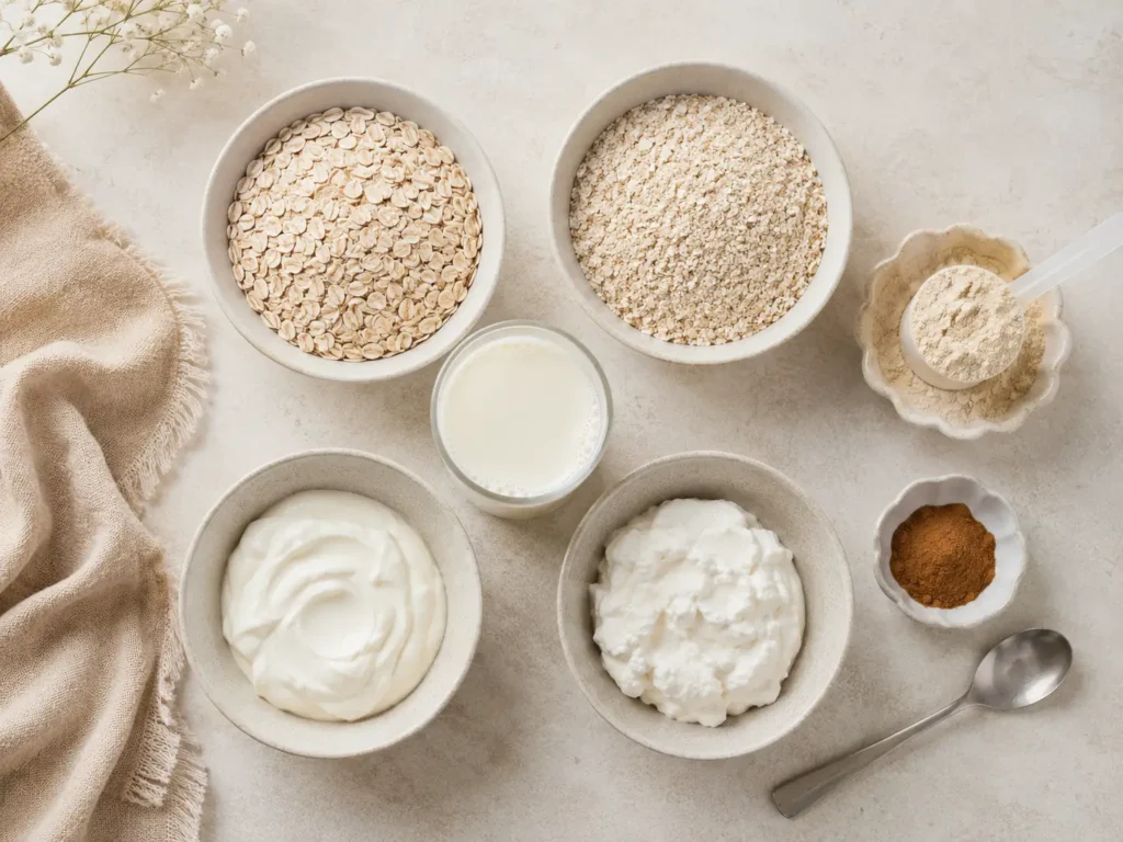 Zutaten für bariatrische Haferflocken mit feinen Flocken Skyr Quark und Protein