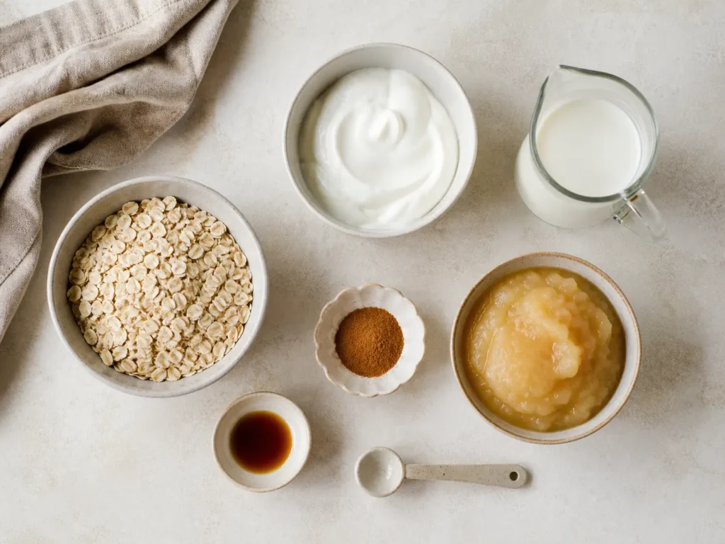 Zutaten für bariatrische Haferflocken mit zarten Haferflocken Skyr Milch Apfelmus Zimt und Vanille