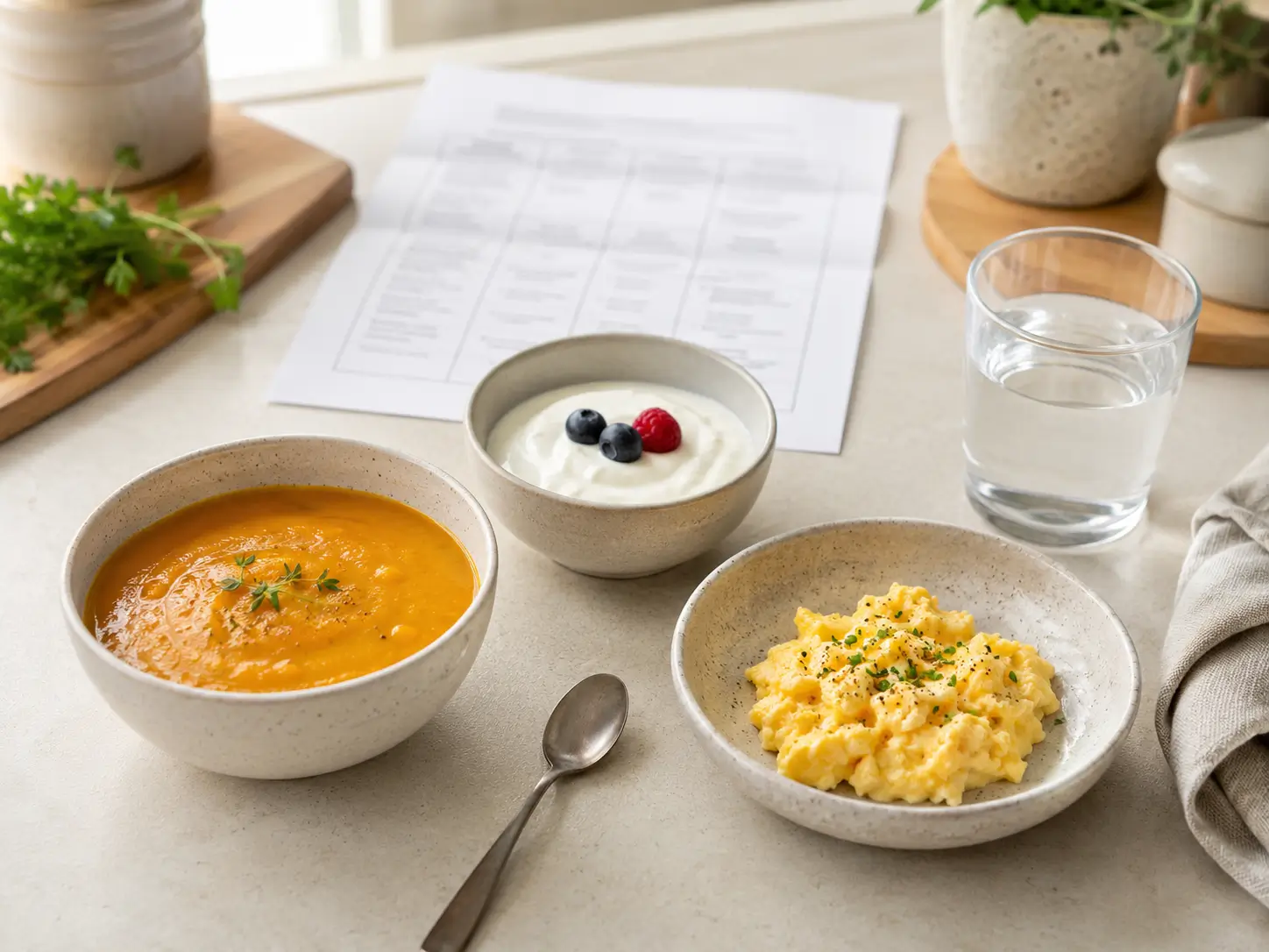 Bariatrische OP Ernährung mit kleinen Portionen, Suppe, Skyr, Ei und Wasser