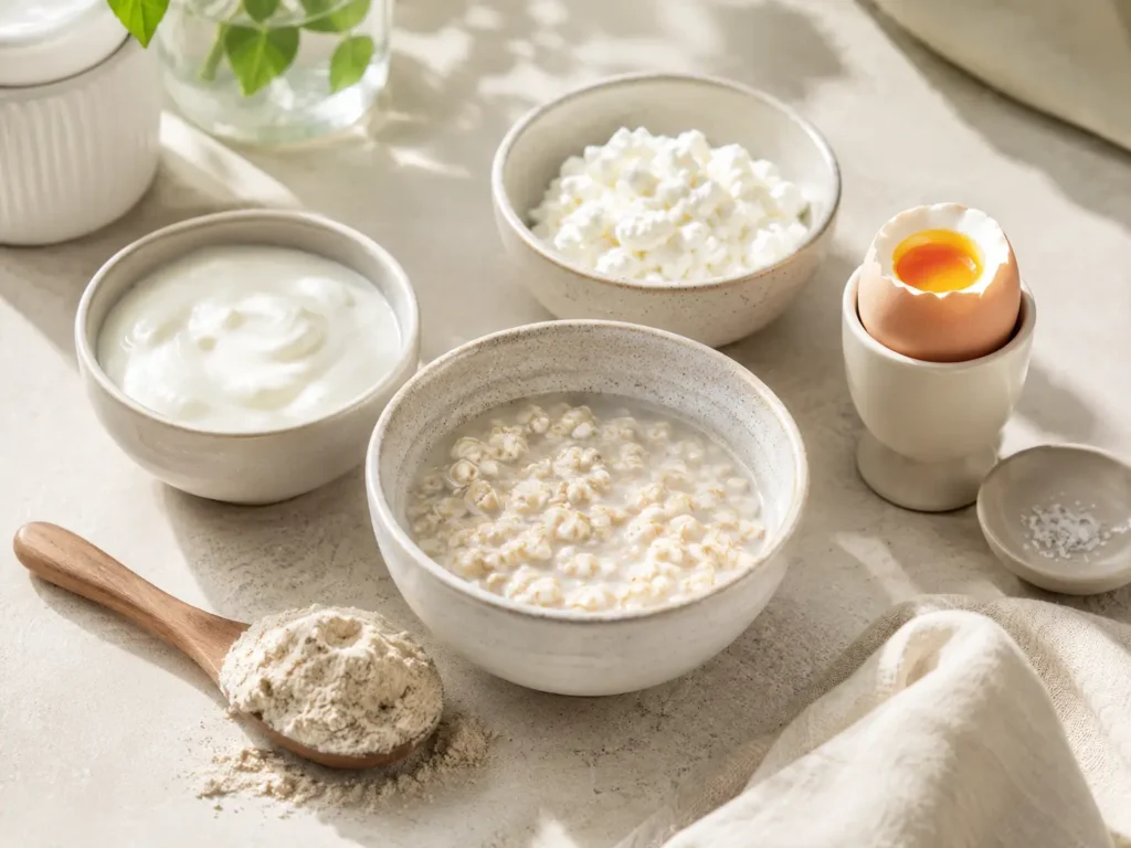 Bariatrischer Hafer mit Eiweißquellen wie Skyr Quark Ei und Proteinpulver