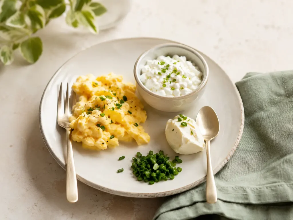 Herzhafte bariatrische Frühstücksidee mit weichem Rührei und Hüttenkäse